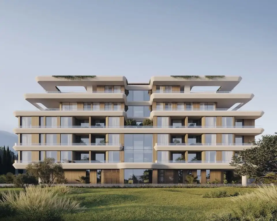Terraced Apartment Building: 3D render of a terraced residential building design, image 1 of 4